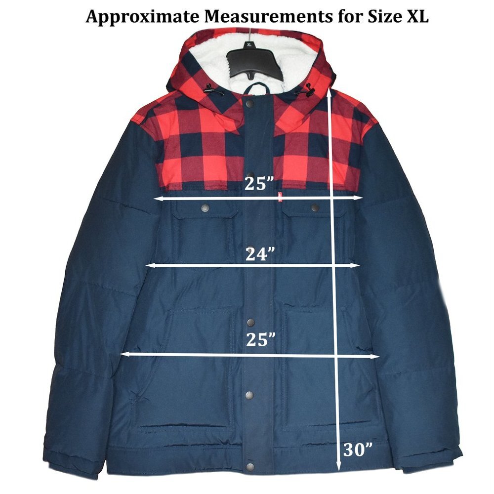 Levi's Men's Jacket Heavyweight Mid-Length Hooded Military Puffer Navy Red Plaid - Picture 6 of 6